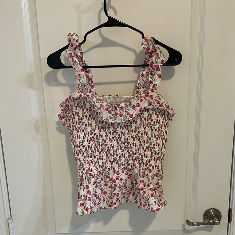 J. Crew Pink and White Smocked Ruffle Tank Top